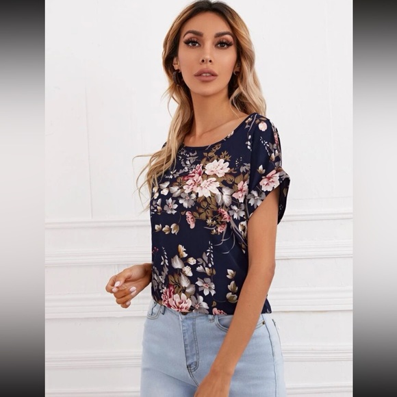 Printed Navy blue large top blouse casual - Picture 2 of 3